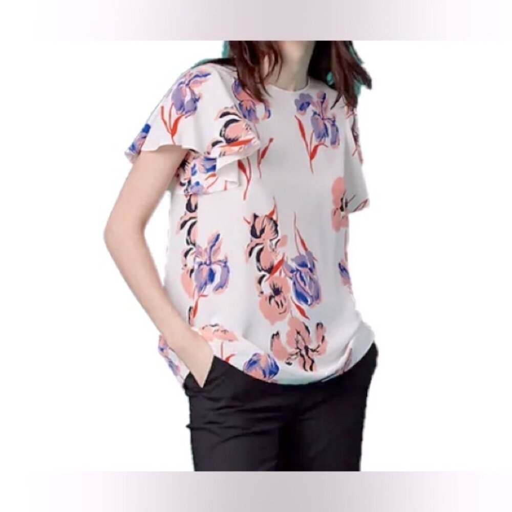 Diane von Furstenberg SILK Flutter Sleeve floral print white Crew Top blouse 12